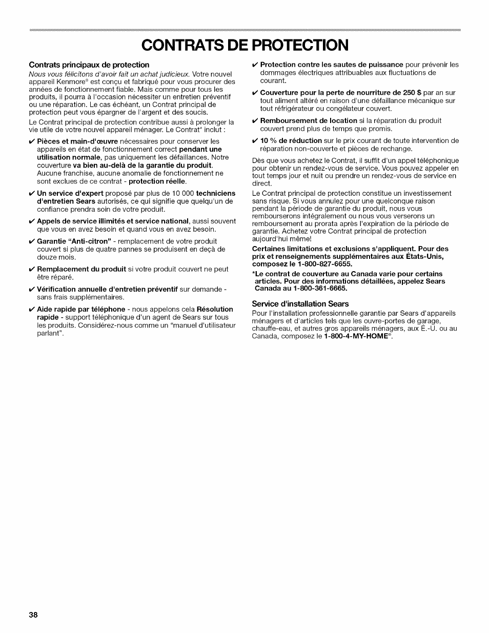 Contrats principaux de protection, Service d'installation sears, Contrats de protection | Kenmore 10646033801 User Manual | Page 38 / 40