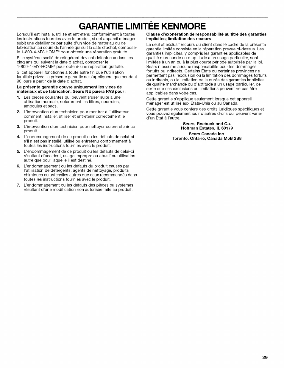 Garantie limitee kenmore | Kenmore 10646033801 User Manual | Page 39 / 40