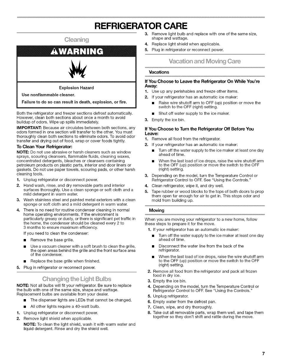 To clean your refrigerator, Vacations, Moving | Awarning, Refrigerator care, Cicîaririg, Ctiangirig tliet light bulbs, Vacation and iviowing cam | Kenmore 10646033801 User Manual | Page 7 / 40