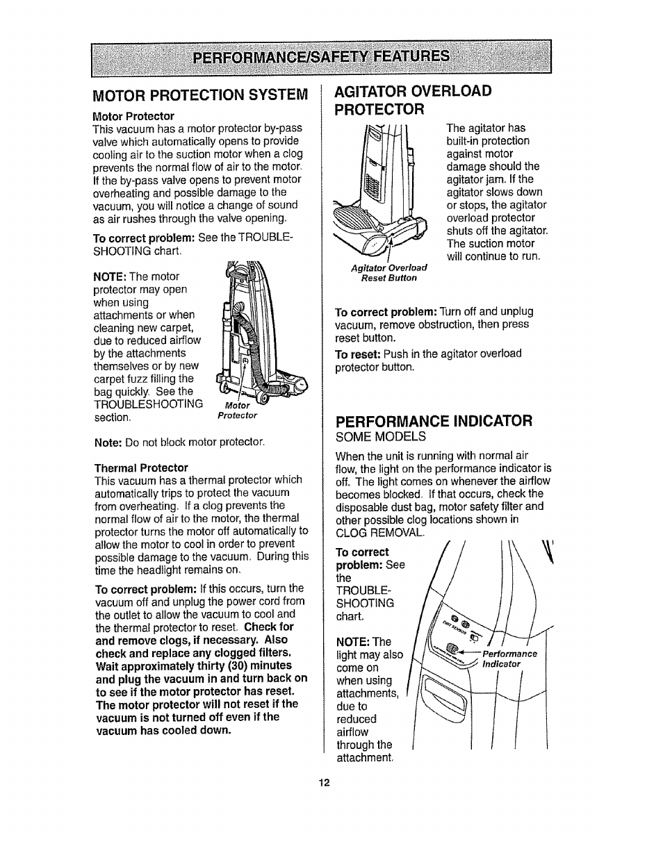 Performance/safety features, Motor protection system, Agitator overload protector | Performance indicator | Kenmore 116.31913 User Manual | Page 12 / 20