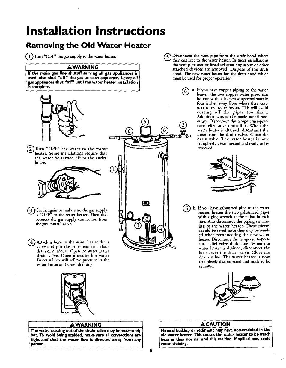 Removing the old water heater, Awarning, Installation instructions | Kenmore 153.337613 User Manual | Page 8 / 36