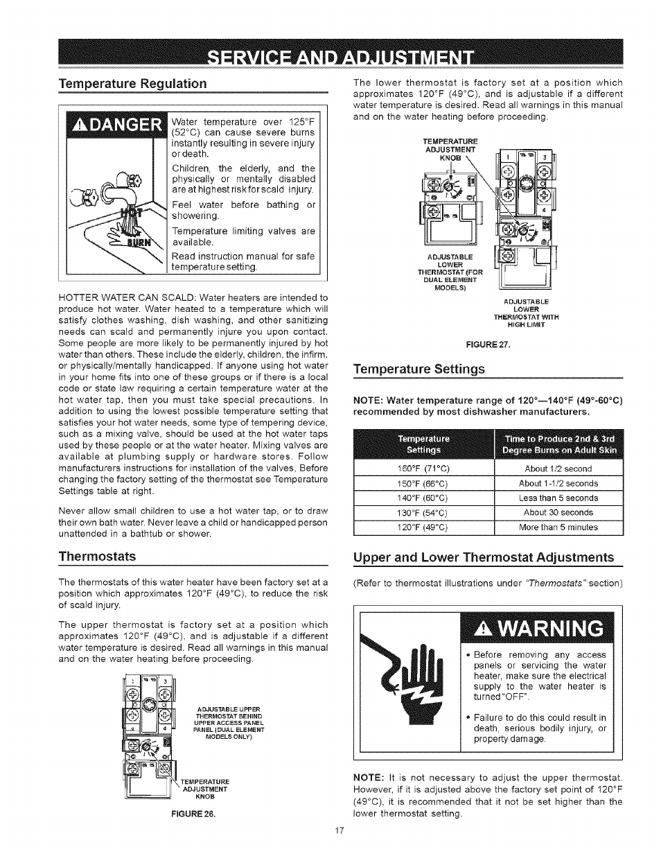 A warning w, Adanger, Temperature settings | Thermostats upper and lower thermostat adjustments | Kenmore 153 User Manual | Page 17 / 32