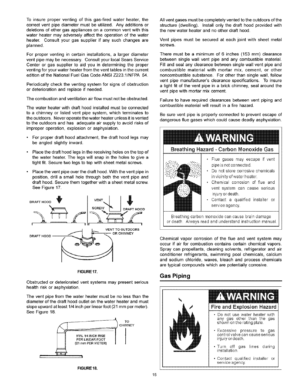 Awarning, Gas piping | Kenmore POWER MISER 153.33926 User Manual | Page 15 / 32