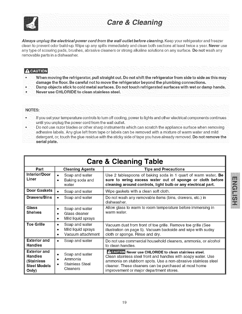 Care & cleaning table | Kenmore 2535567340A User Manual | Page 19 / 24