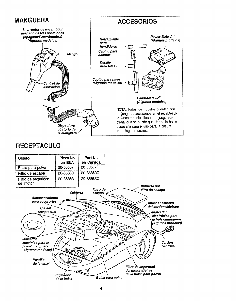 Accesorios, Manguera, Receptaculo | Kenmore 116.22813 User Manual | Page 24 / 40