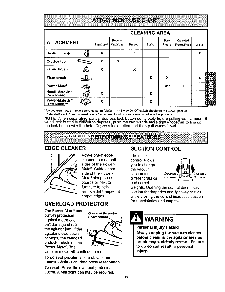 Attachment use chart, Performance features, Edge cleaner | Overload protector, Suction control, Warning, Attachment use chart performance features -12, Cleaning area attachment, Performance features edge cleaner | Kenmore 116.23812300 User Manual | Page 11 / 40