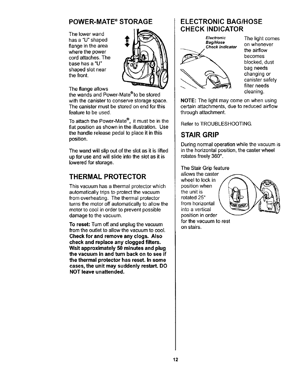 Power-mate® storage, Thermal protector, Electronic bag/hose check indicator | Stair grip, Power-mate jr.® storage | Kenmore 116.23812300 User Manual | Page 12 / 40