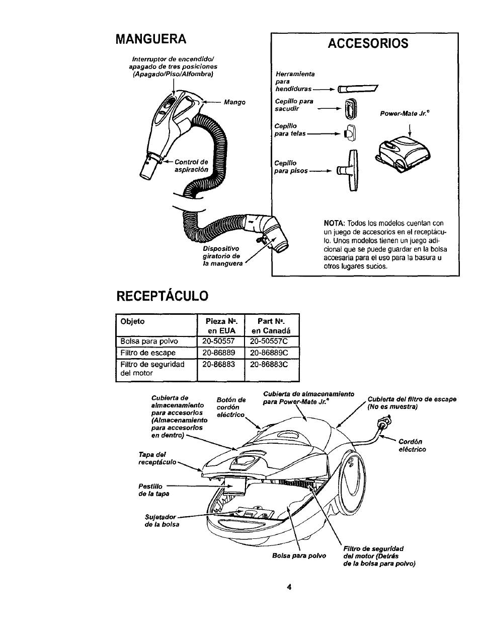 Manguera, Accesorios, Receptaculo | Kenmore 116.23812300 User Manual | Page 24 / 40