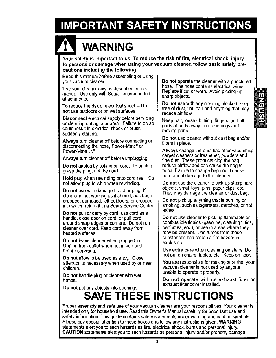 Important safety instructions, Warning, Save these instructions | Kenmore 116.23812300 User Manual | Page 3 / 40