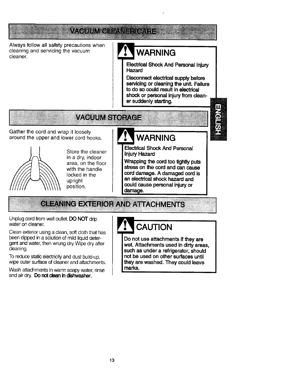 Warning, Electrical shock and personal injury hazard, Cleaning e)cterior and attachments | Caution, Cleaning exterior and attachments, Vacuum storage | Kenmore 631 User Manual | Page 13 / 44