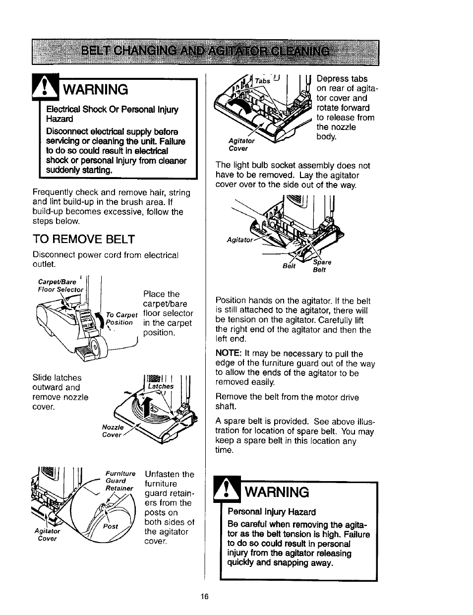 Warning, Electrical shock or personal injury hazard, To remove belt | Kenmore 631 User Manual | Page 16 / 44