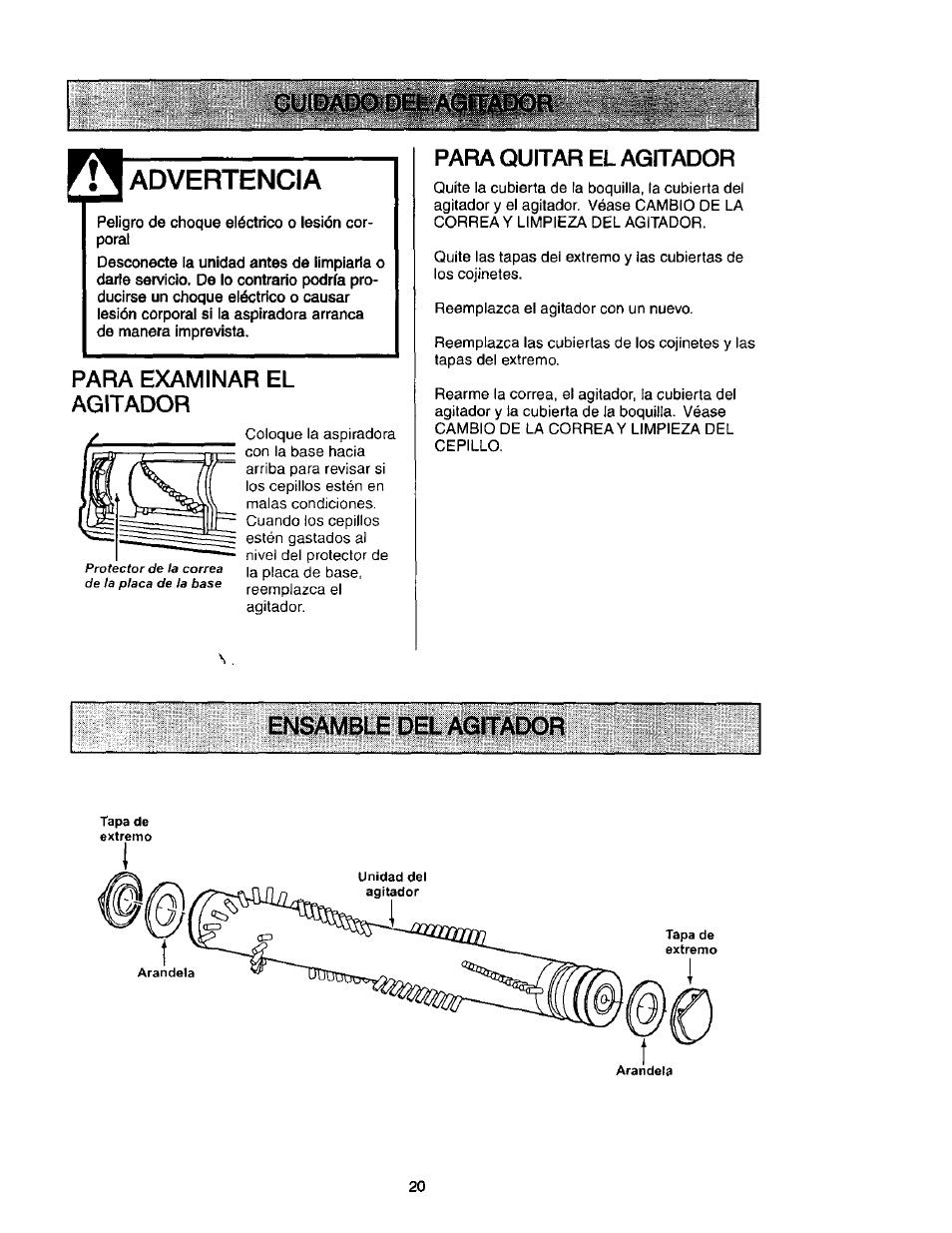 Advertencia, Peligro de choque eléctrico o lesión corporal, Para examinar el agitador | Para quitar el agitador | Kenmore 631 User Manual | Page 42 / 44
