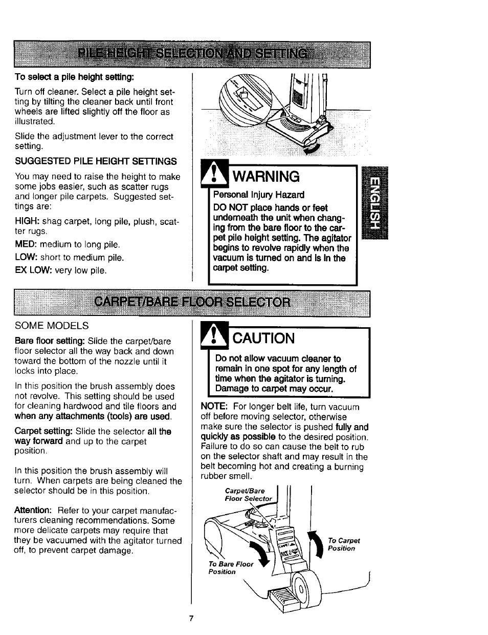 Warning, Carpet/bare floor selector, Caution | Kenmore 631 User Manual | Page 7 / 44