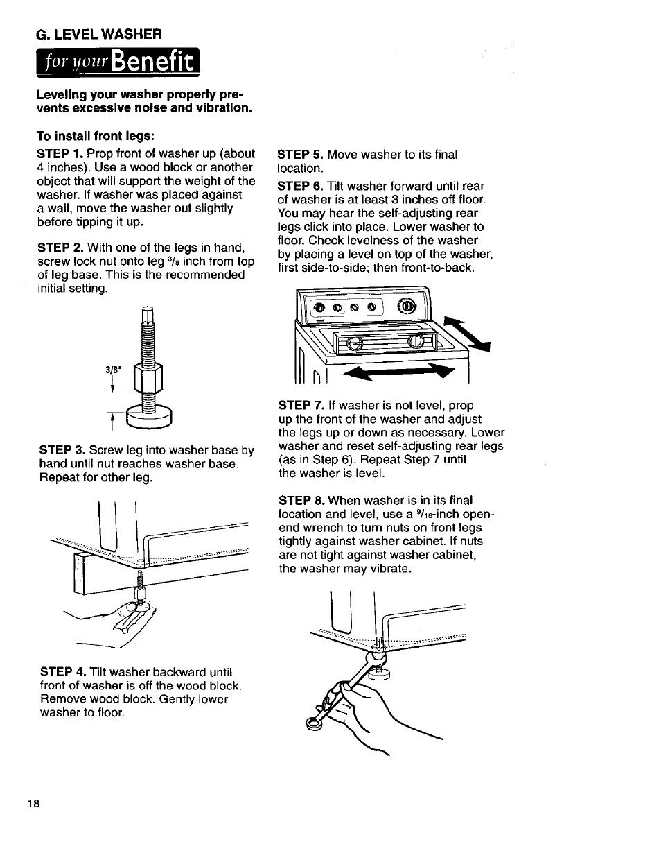 G. level washer, For your benefit, To install front legs | Benefit, For your | Kenmore 3950145 User Manual | Page 18 / 76