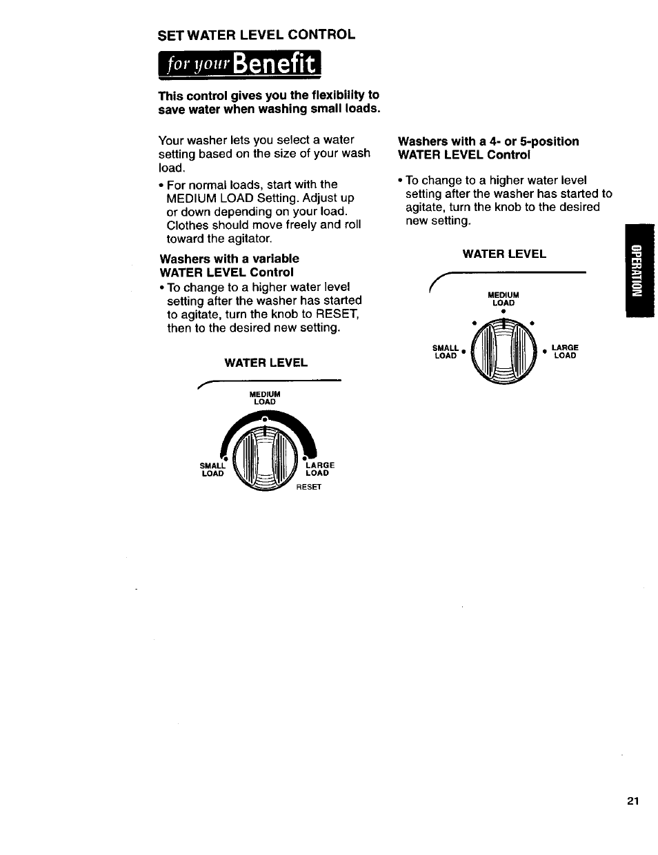 For your benefit, Washers with a variable water level control, Water level | Benefit, For your | Kenmore 3950145 User Manual | Page 21 / 76
