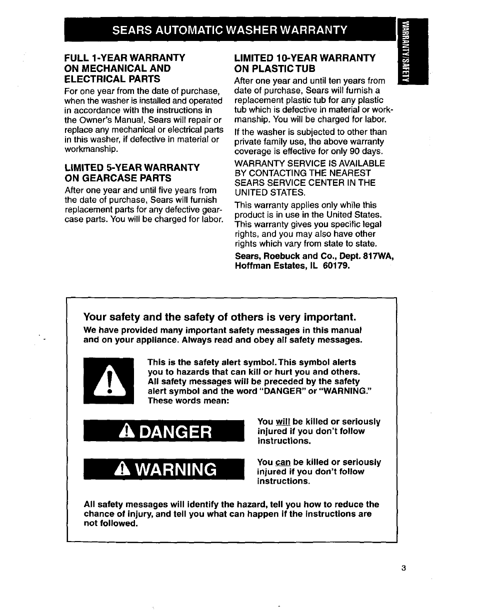 Sears automatic washer warranty, Limited 5-year warranty on gearcase parts, Limited 10-year warranty on plastic tub | A danger, A warning, Danger a warning | Kenmore 3950145 User Manual | Page 3 / 76