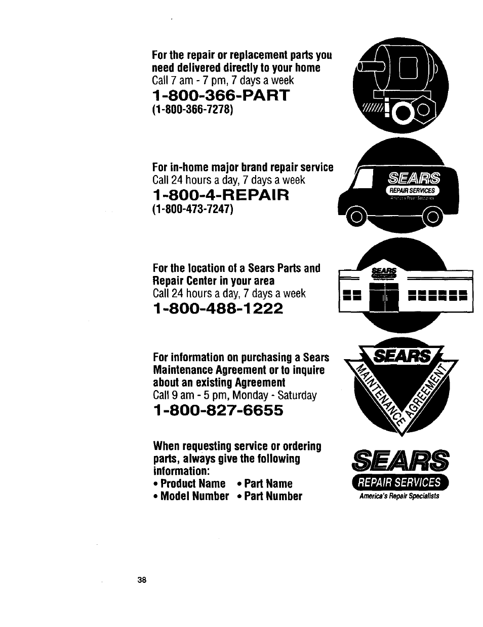 1 -800-366-part, 800-4-repair | Kenmore 3950145 User Manual | Page 38 / 76