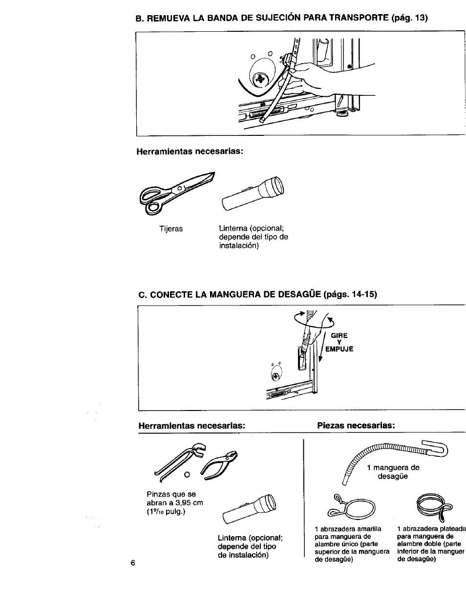 C. conecte la manguera de desagüe (págs. 14-15), Herramientas necesarias | Kenmore 3950145 User Manual | Page 44 / 76