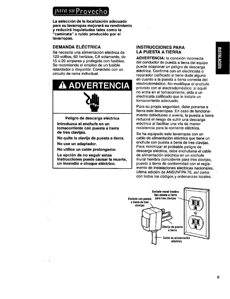 Para sil provecho, Demanda eléctrica, A advertencia | Instrucciones para la puesta atierra, Provecho, Para sil | Kenmore 3950145 User Manual | Page 47 / 76