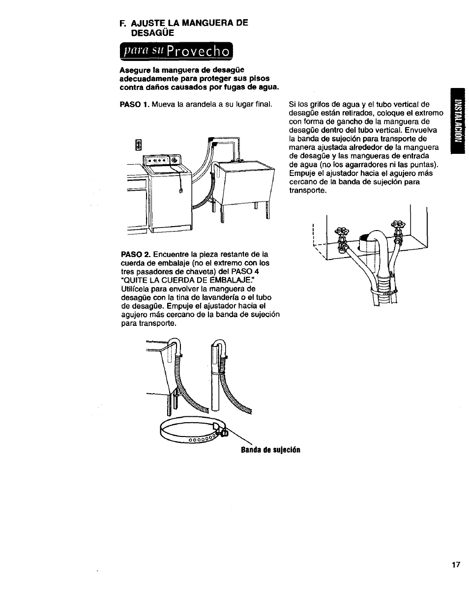 Ajuste la manguera de desagüe, Pam sil provecho, Banda de sujecidn | Provecho, Pam sil | Kenmore 3950145 User Manual | Page 55 / 76