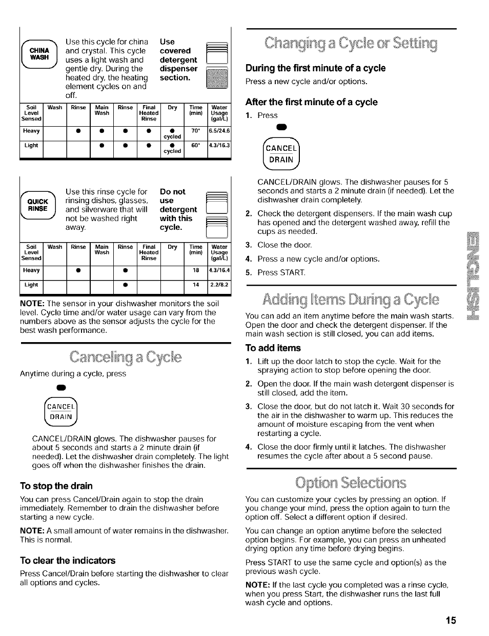 To stop the drain, To clear the indicators, During the first minute of a cycle | After the first minute of a cycie, To add items | Kenmore 665.16819 User Manual | Page 15 / 72