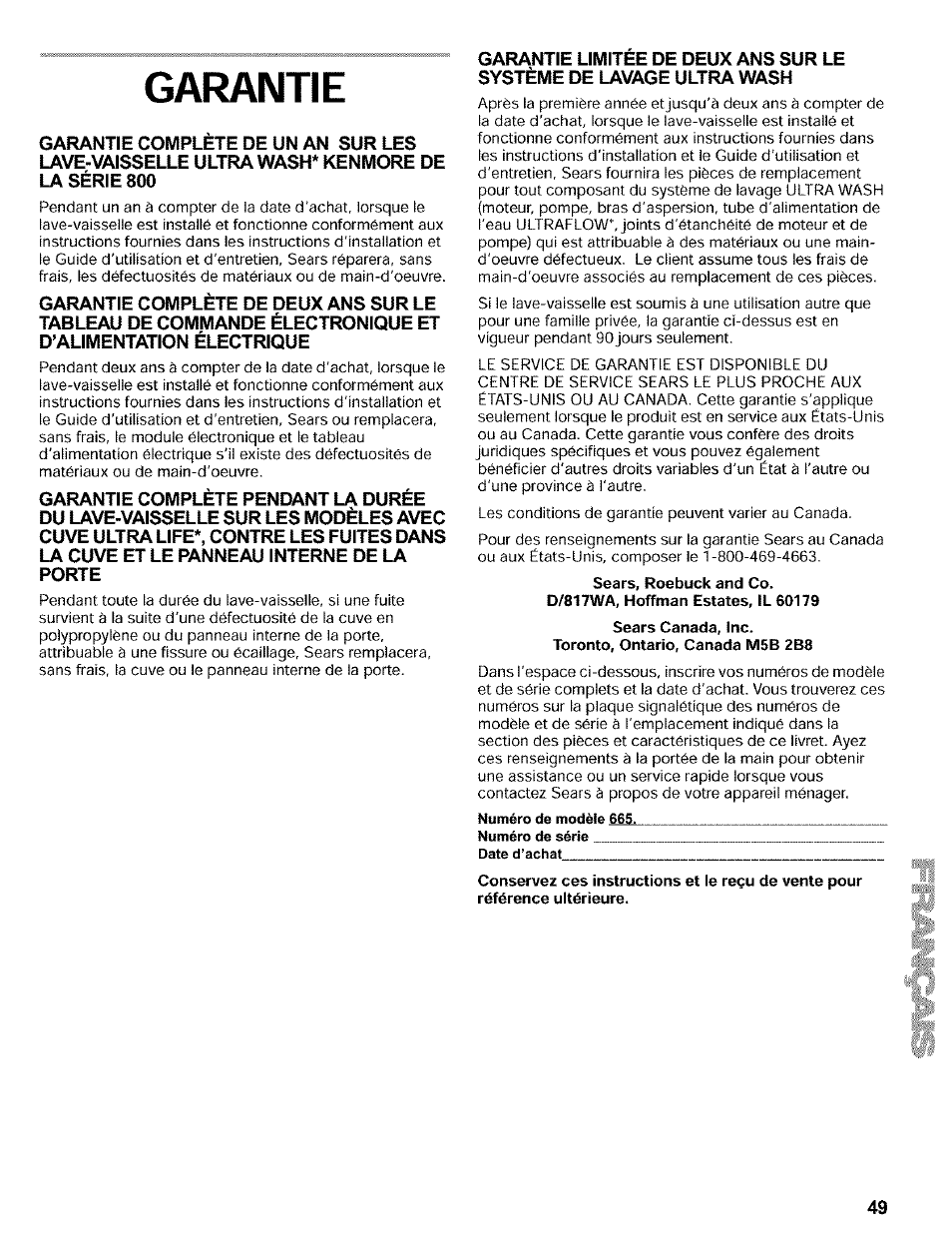 Garantie | Kenmore 665.16819 User Manual | Page 49 / 72