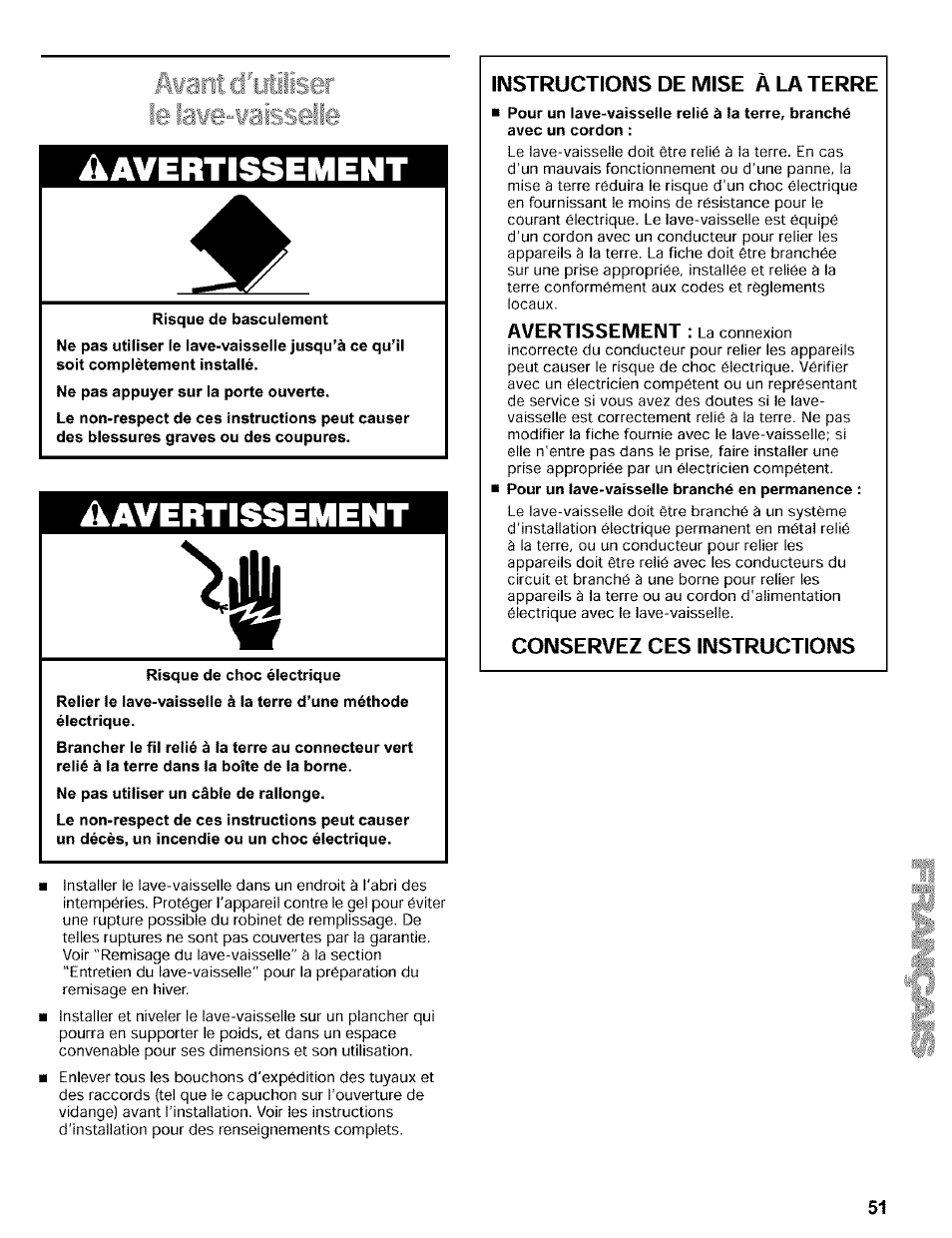 Risque de basculement, Risque de choc électrique, Instructions de mise a la terre | Conservez ces instructions, Ikavertissement | Kenmore 665.16819 User Manual | Page 51 / 72