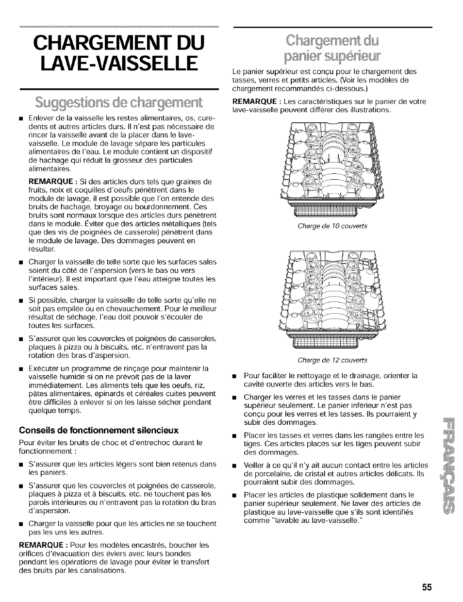 Chargement du, Lave-vaisselle, Consens de fonctionnement silencieux | Chargement du lave-vaisselle | Kenmore 665.16819 User Manual | Page 55 / 72