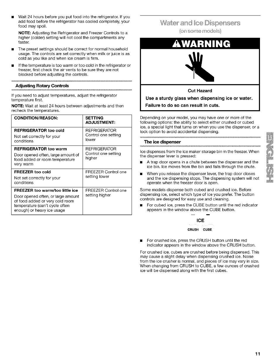 Adjusting rotary controls, Hie ice dispen, Awarning | Ifeiter and ice dispensers, Mocieisl | Kenmore 10653094300 User Manual | Page 11 / 25