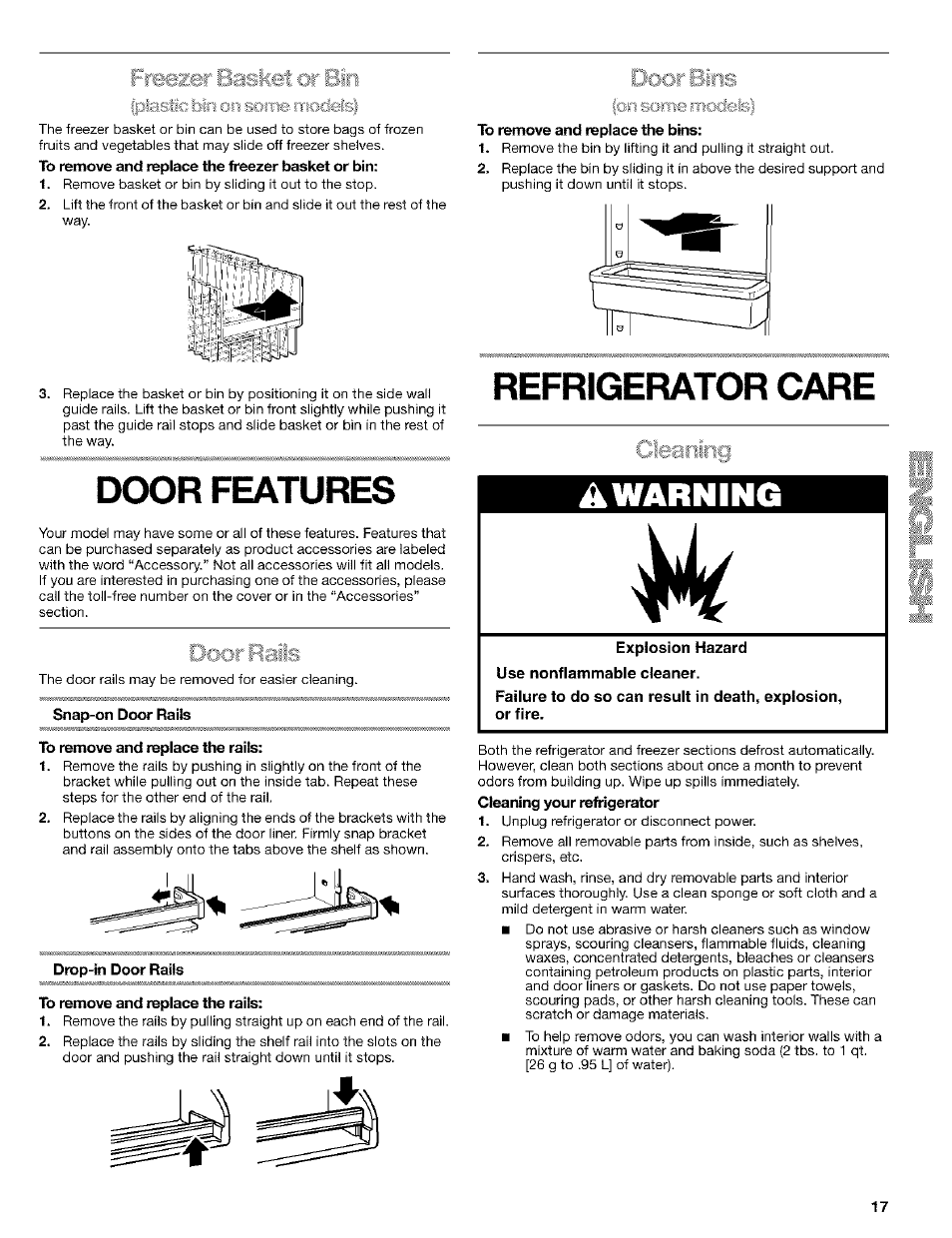 To remove and replace the freezer basket or bin, Dcx)r features, Snap-on door rails to remove and replace the rails | Drop-in door rails to remove and replace the rails, To remove and replace the bins, Refrigerator care, Cleaning your refrigerator, Refrigerator features, Door features, A warning | Kenmore 10653094300 User Manual | Page 17 / 25