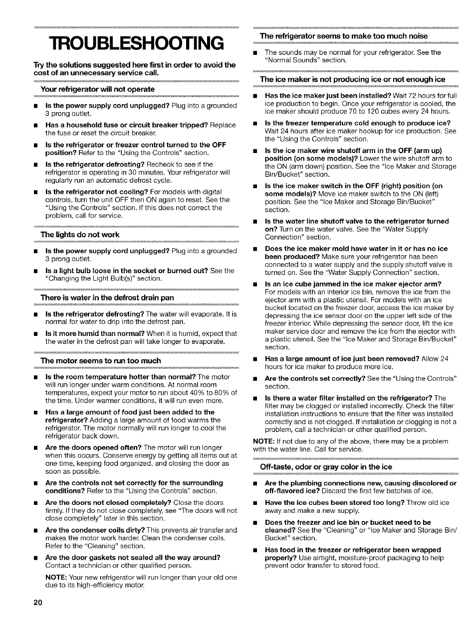 Troubleshooting, Your refrigerator will not operate, The lights do not work | There is water in the defrost drain pan, The motor seems to run too much, Hie refrigerator seems to make too much noise, Off-taste, odor or gray color in the ice | Kenmore 10653094300 User Manual | Page 20 / 25