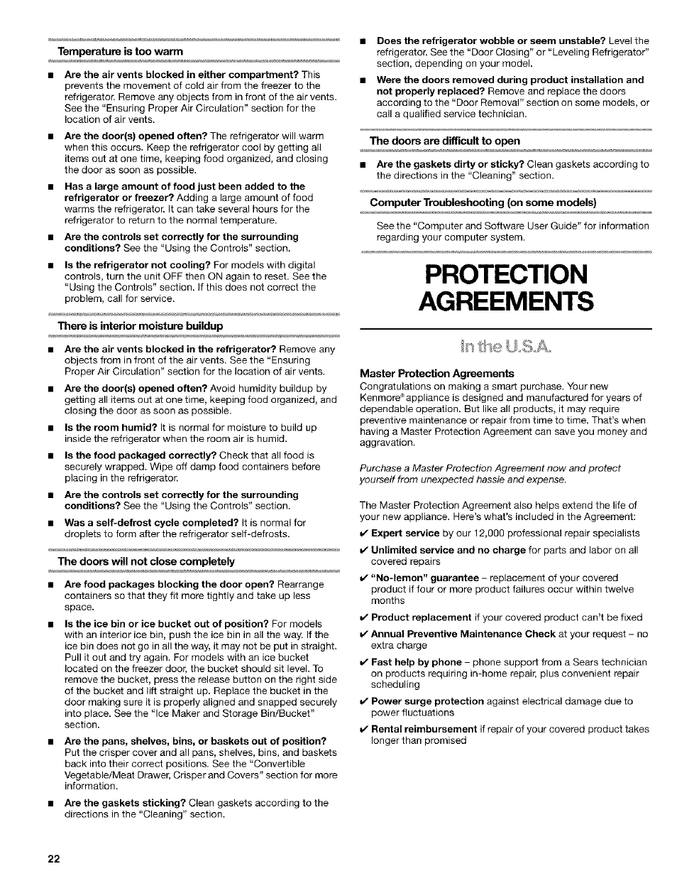 Temperature is too warm, There is interior moisture buildup, The doors will not close completely | Hie doors are difficult to open, Computer troubleshooting (on some models), Protection, Agreements, Master protection agreements, Protection agreements | Kenmore 10653094300 User Manual | Page 22 / 25