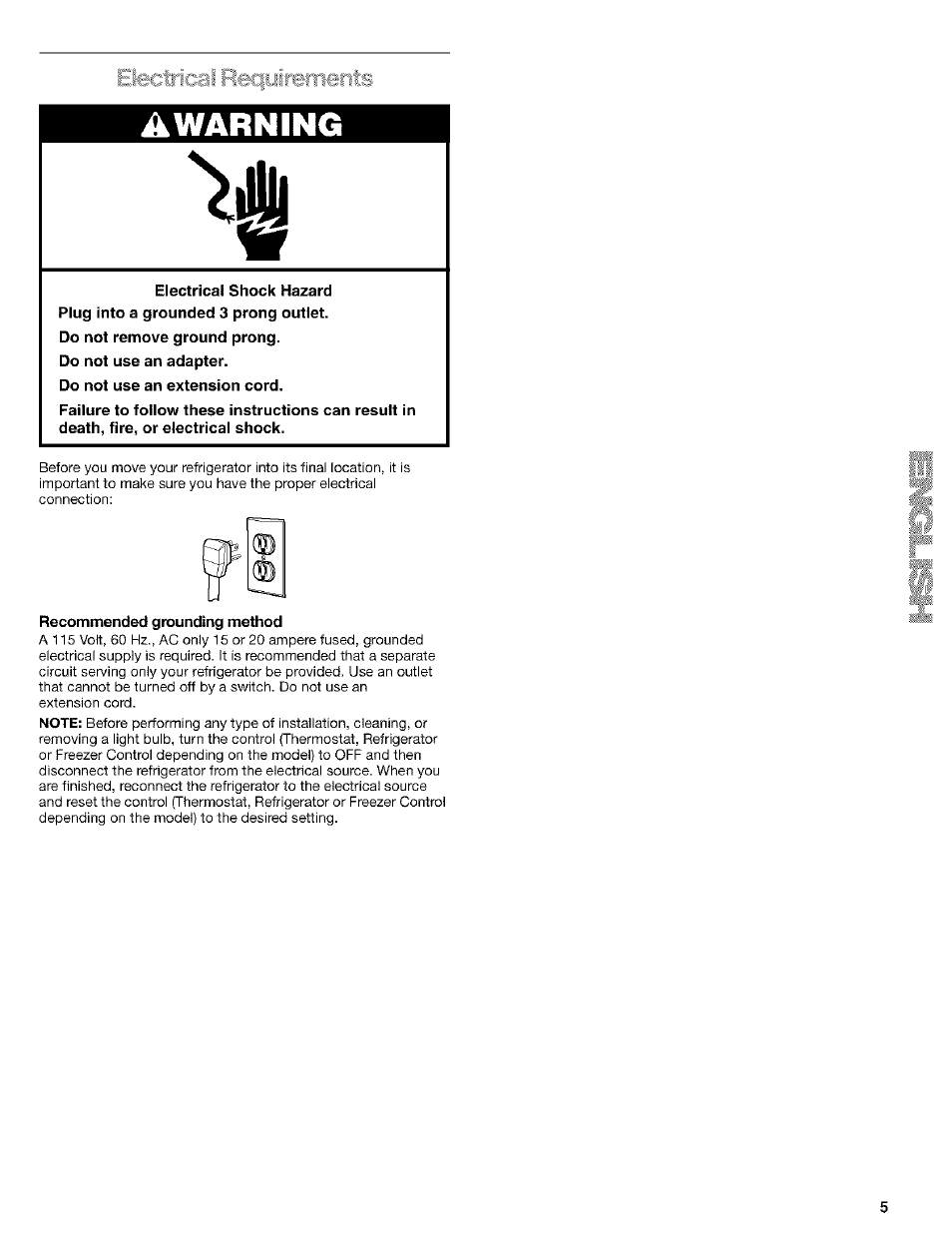 Do not remove ground prong, Do not use an adapter, Do not use an extension cord | Recommended grounding method, Awarning, Ills | Kenmore 10653094300 User Manual | Page 5 / 25