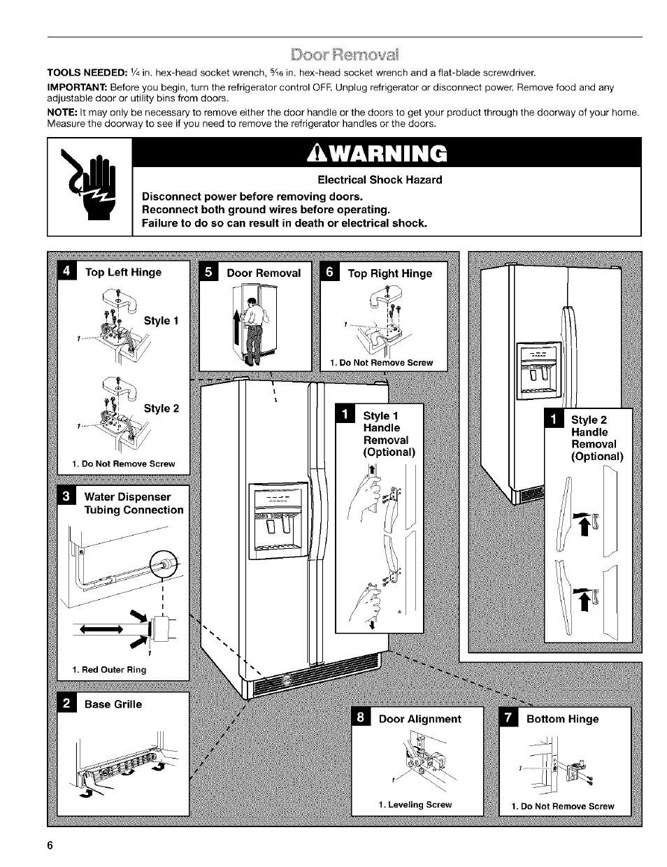 Electrical shock hazard, Disconnect power before removing doors, Reconnect both ground wires before operating | Ikwarning | Kenmore 10653094300 User Manual | Page 6 / 25