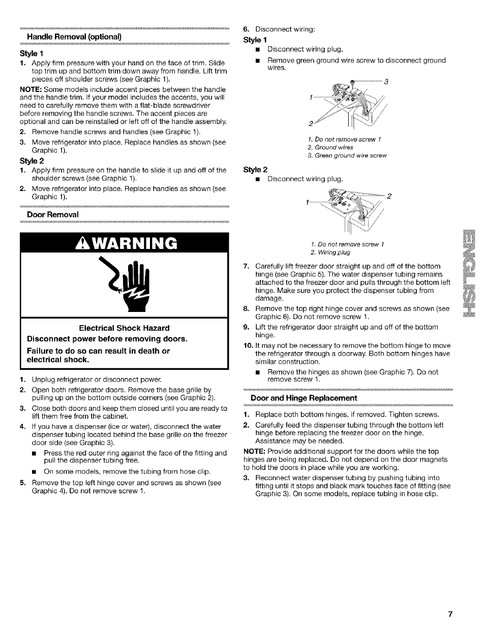 Handle removal (optional), Style 1, Style 2 | Door removal, Door and hinge replacement, Door rails, Warning | Kenmore 10653094300 User Manual | Page 7 / 25
