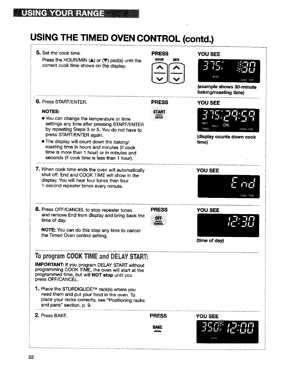 Time, Program cook, And deu¥ starl | Kenmore 665.75832 User Manual | Page 22 / 41