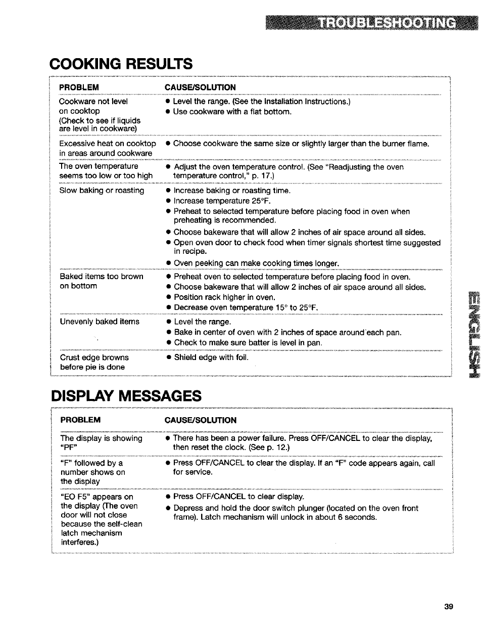 Cooking results, Display messages, Cooking resuits | Kenmore 665.75832 User Manual | Page 39 / 41