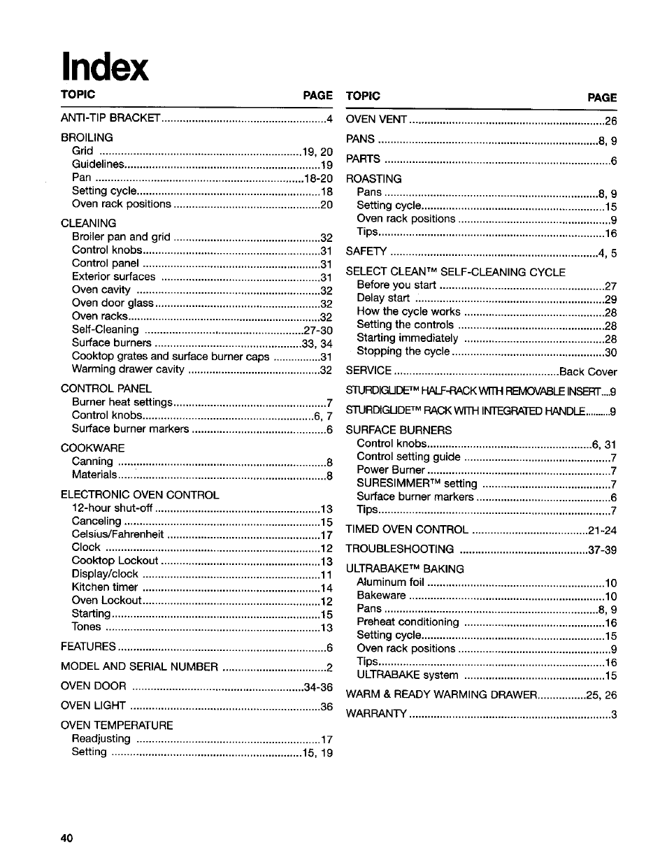 Index | Kenmore 665.75832 User Manual | Page 40 / 41
