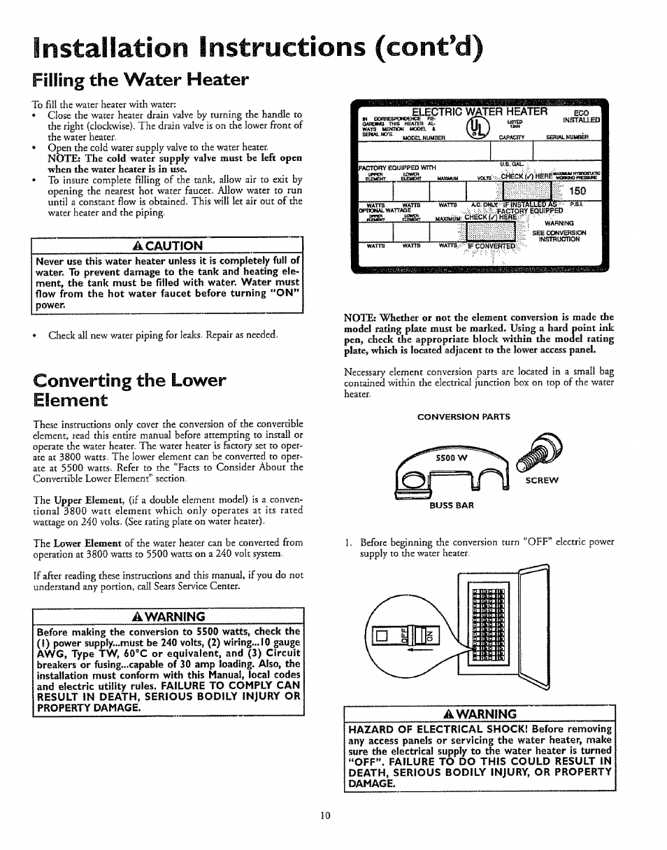 Installation instructions (cont’d), Filling the water heater, A caution | Converting the lower element, A warning | Kenmore 153.327366 User Manual | Page 10 / 32