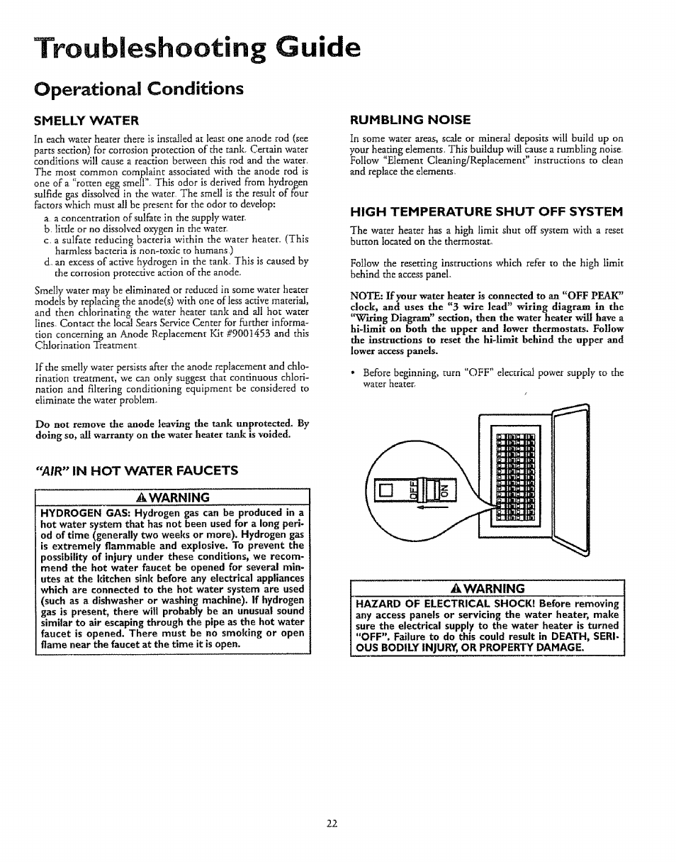 Smelly water, Air” in hot water faucets, High temperature shut off system | Awarning, Troubleshooting guide, Operational conditions | Kenmore 153.327366 User Manual | Page 22 / 32