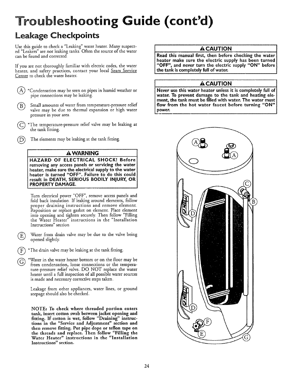 Leakage checkpoints, A caution, Troubleshooting guide (cont’d) | Kenmore 153.327366 User Manual | Page 24 / 32