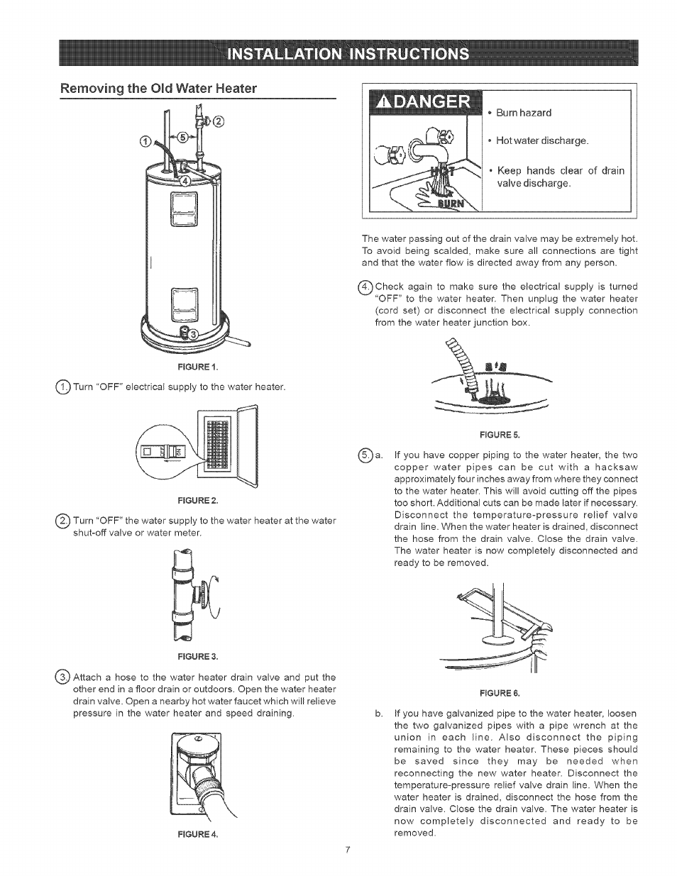 Removing the old water heater, Adanger, Installation instructions | Kenmore POWER MISER 153.320661 User Manual | Page 7 / 32