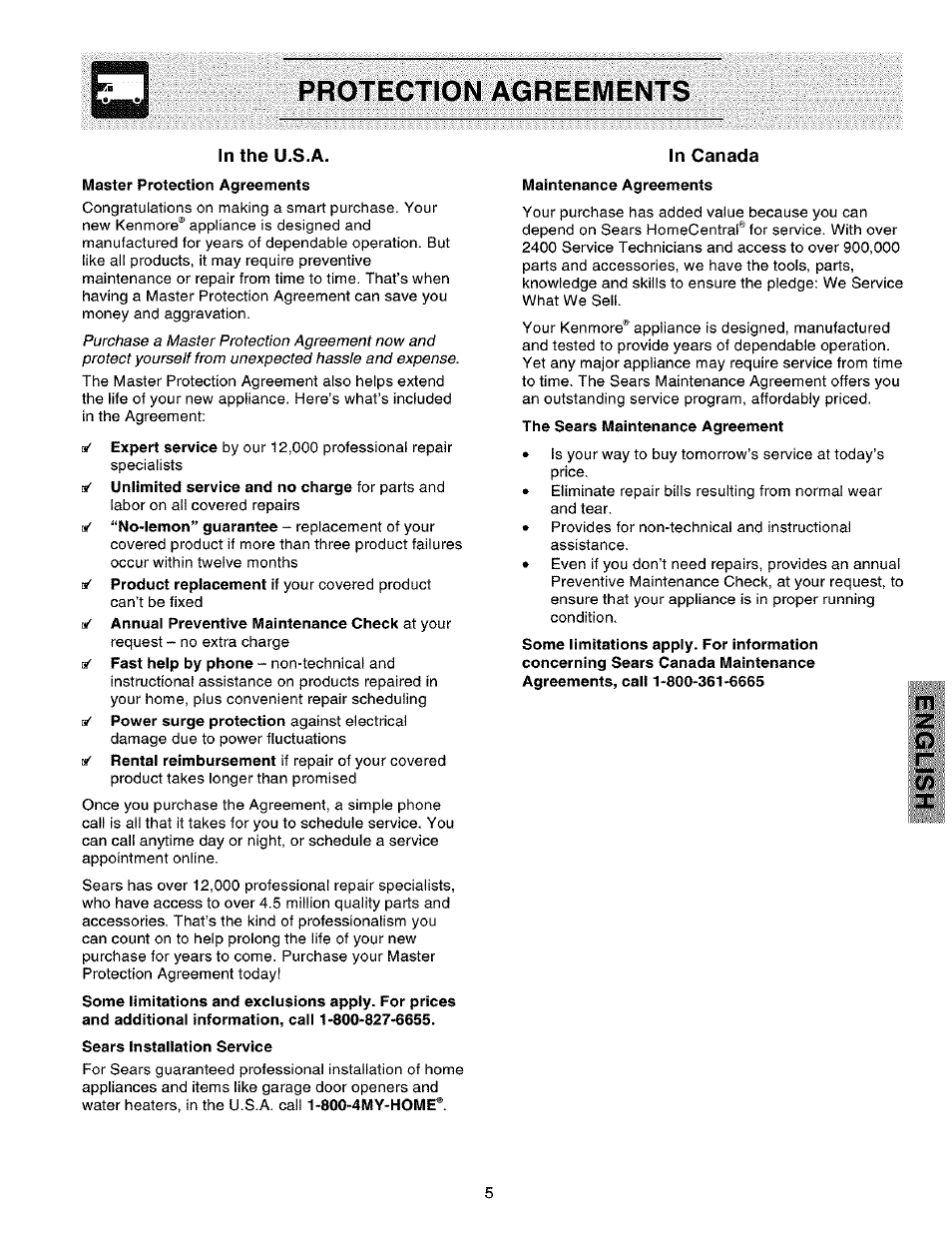 In the u.s.a, Sears installation service, In canada | Protection agreements | Kenmore 25351399106 User Manual | Page 5 / 25