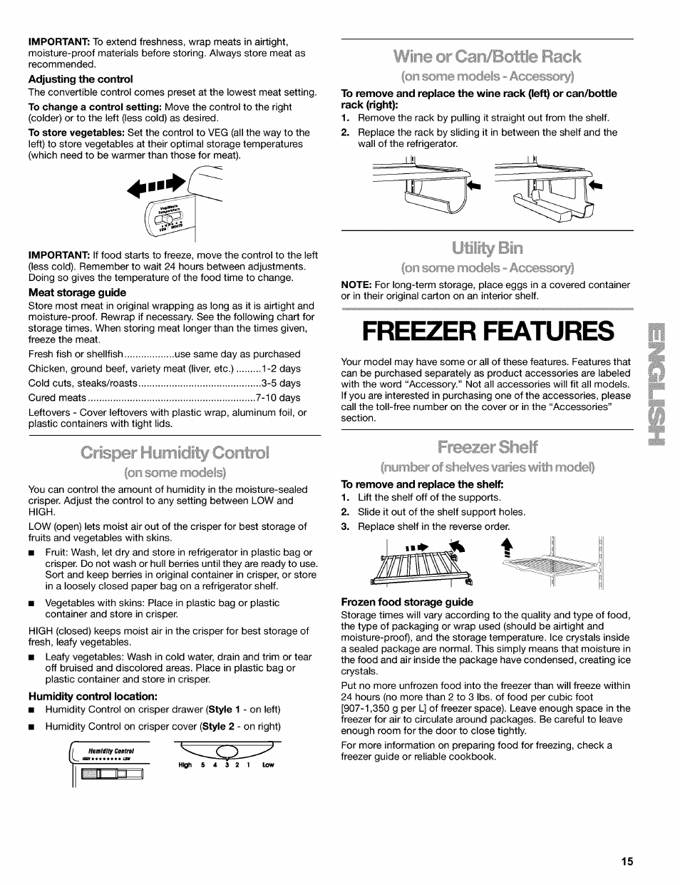 To remove and replace the shelf, Frozen food storage guide, Freezer features | Kenmore 2220695 User Manual | Page 15 / 24
