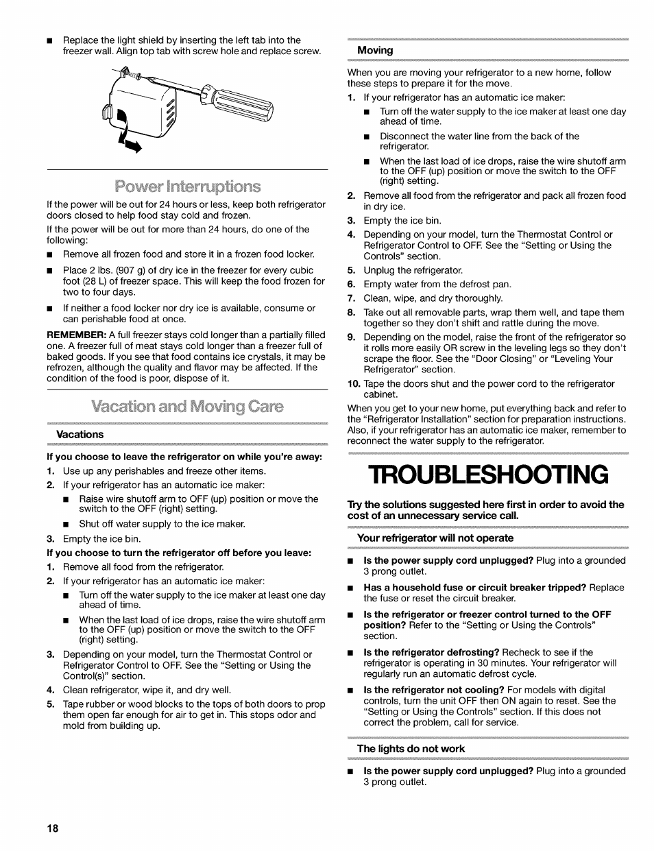 Moving, Vacations, Your refrigerator will not operate | The lights do not work, Troubleshooting | Kenmore 2220695 User Manual | Page 18 / 24