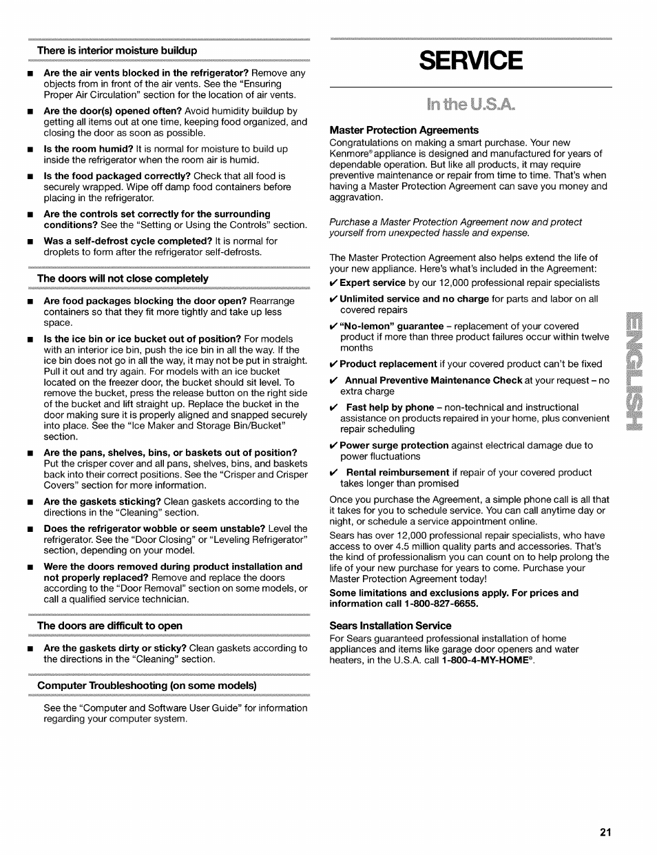 There is interior moisture buildup, The doors will not close completely, The doors are difficult to open | Computer troubleshooting (on some models), Master protection agreements, Sears installation service, Service | Kenmore 2220695 User Manual | Page 21 / 24