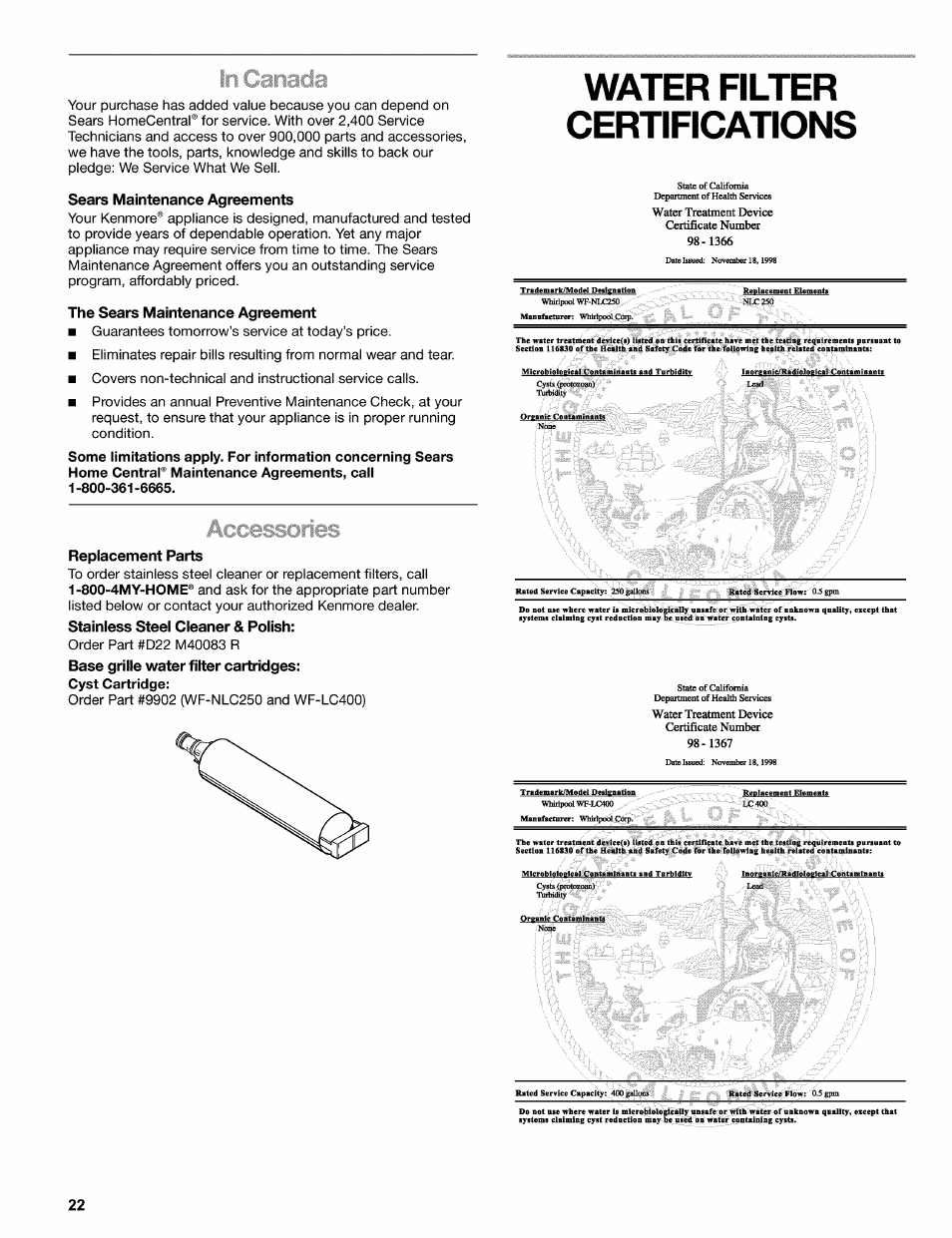 Sears maintenance agreements, The sears maintenance agreement, Replacement parts | Water filter certifications | Kenmore 2220695 User Manual | Page 22 / 24