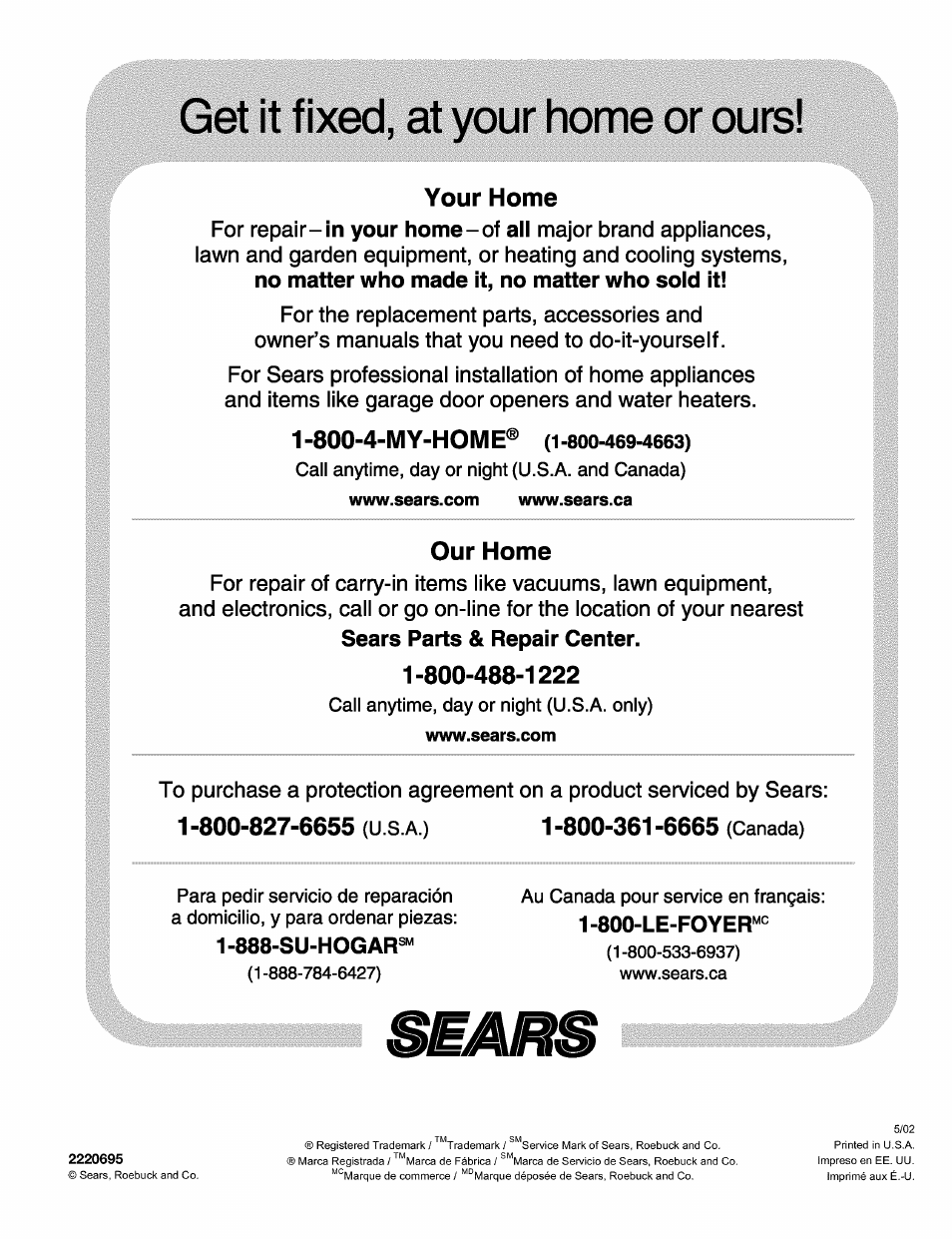 Get it fixed, at your home or ours | Kenmore 2220695 User Manual | Page 24 / 24