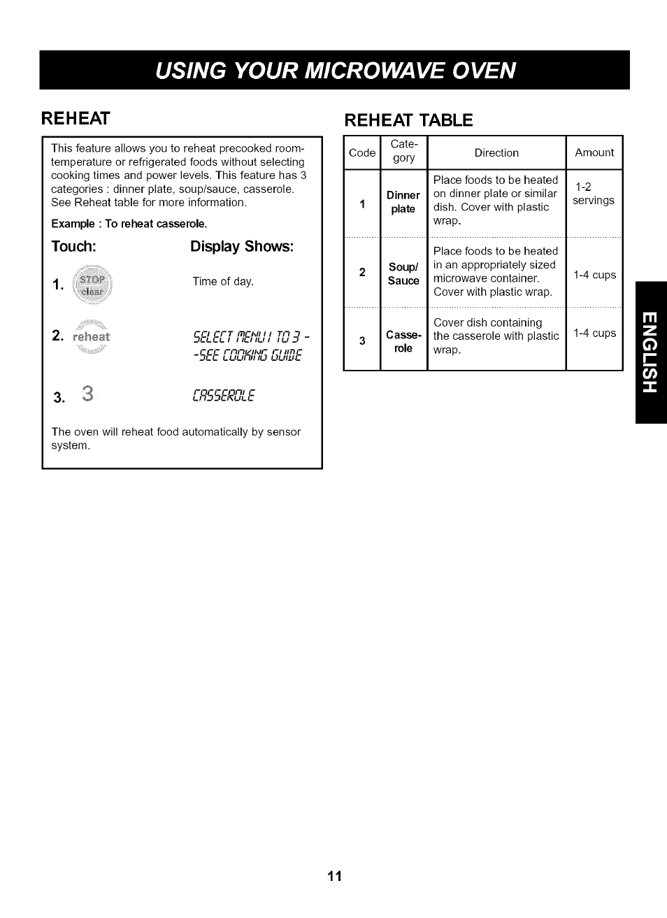 Reheat table, Using your microwave oven, Reheat reheat table | Touch: display shows: 1 | Kenmore 721.65222 User Manual | Page 11 / 21