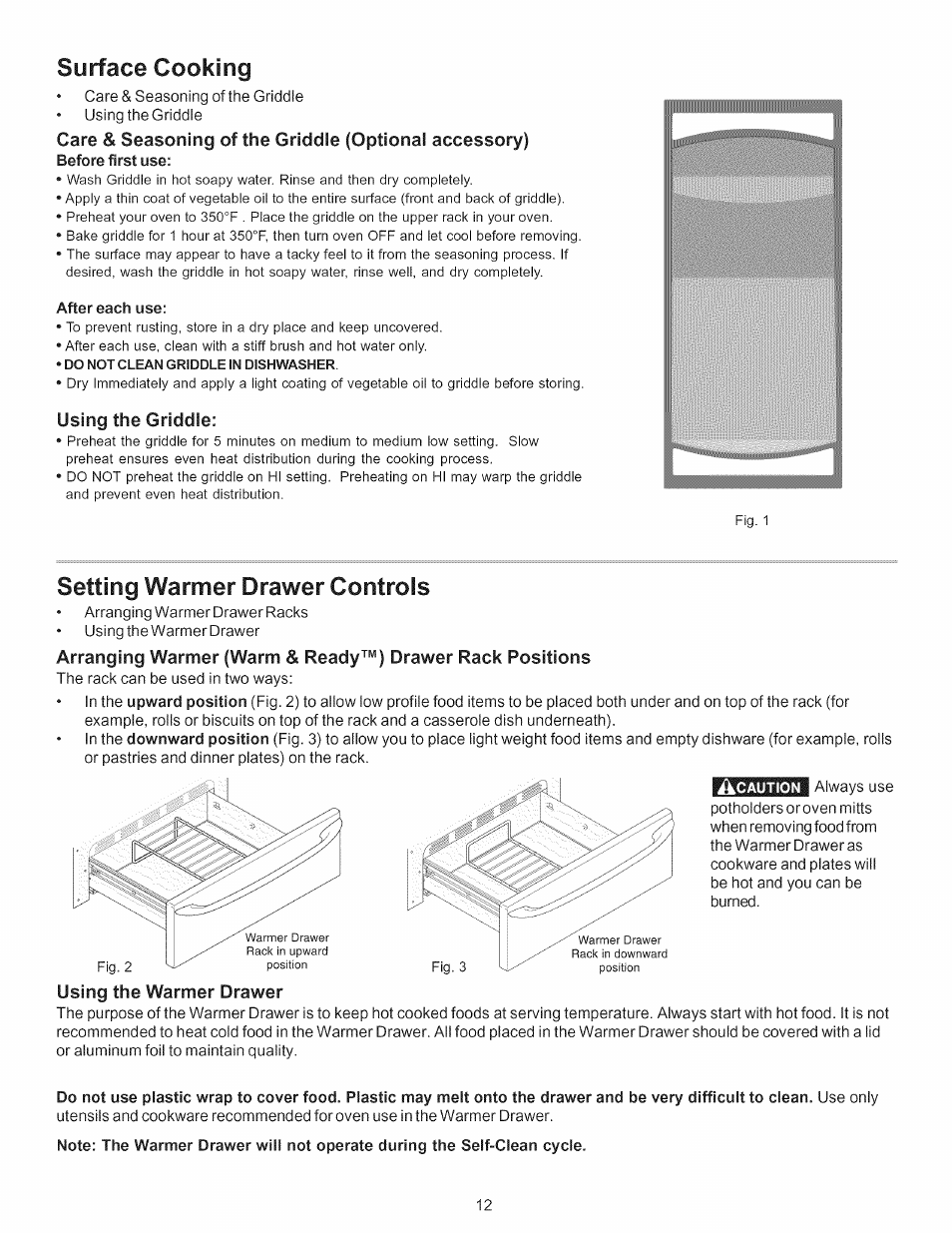 Surface cooking, Before first use, After each use | Using the griddle, Using the warmer drawer, Setting warmer drawer controls | Kenmore 790.7754 User Manual | Page 12 / 44